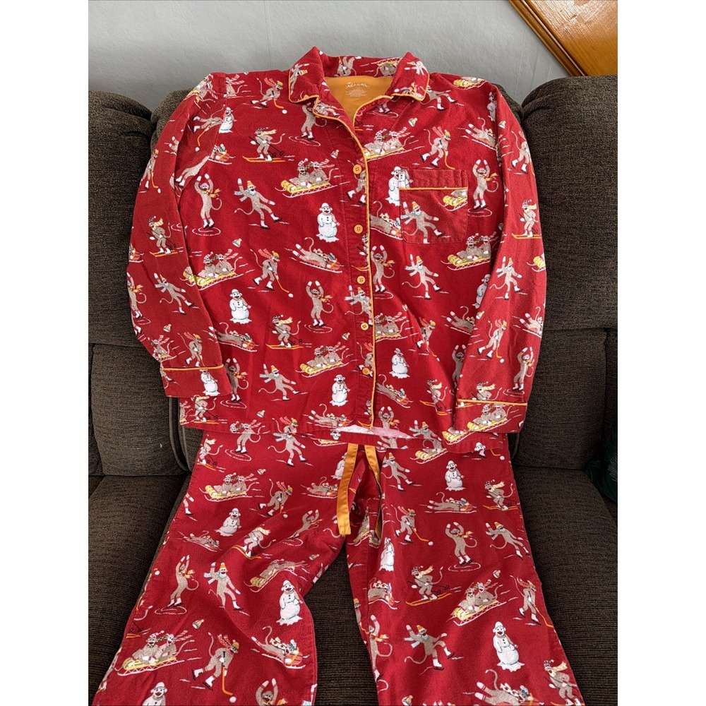 Nick & Nora Pajama Set Womens Large Sock Monkey Sleepwear Holiday Red-SIZE L
